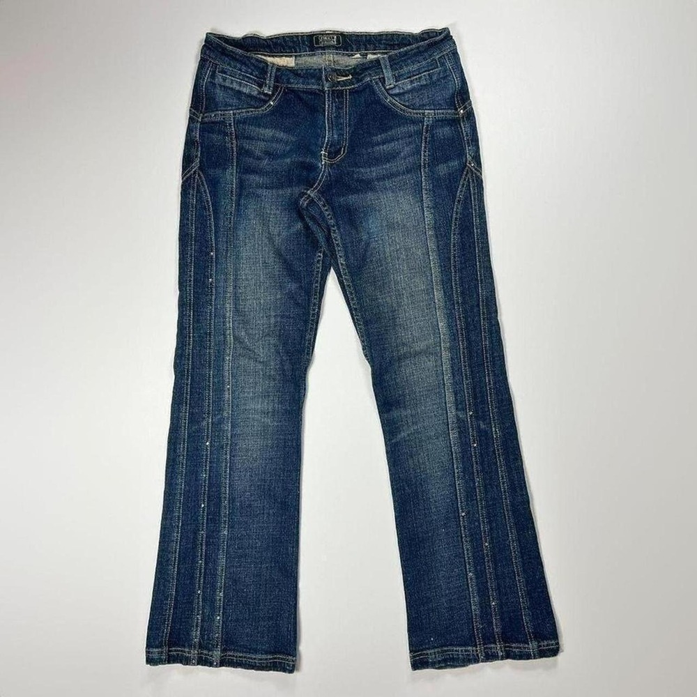 Vintage Y2K Flared Crest Jeans with Rhinestone and Side Seam‎ Embellishments